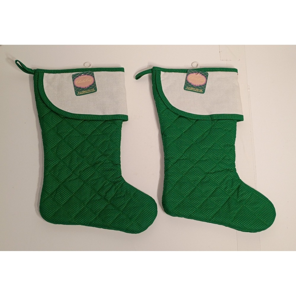2X Charles Craft Christmas Stocking Green Gold Dot Design Vtg NEW Customizable